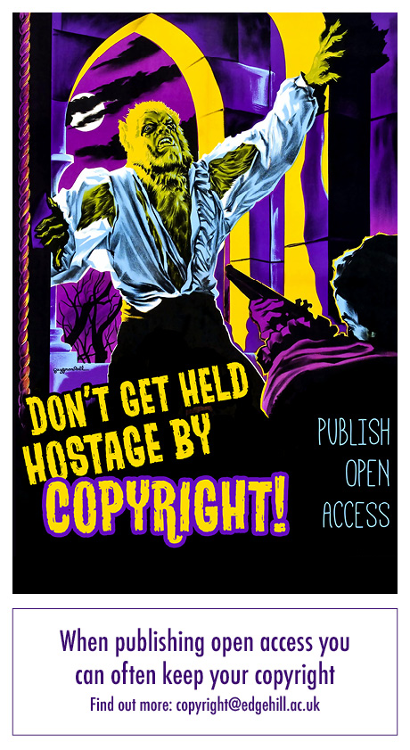 A movie poster image with a werewolf entering a house through the window. The text reads, "Don't be held hostage by copyright! Publish open access"
