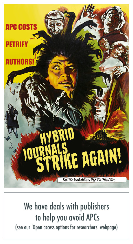 A horror-themed movie poster to promote open access. The image features a monster petrifying authors. The text reads, "APC costs petrify authors!"