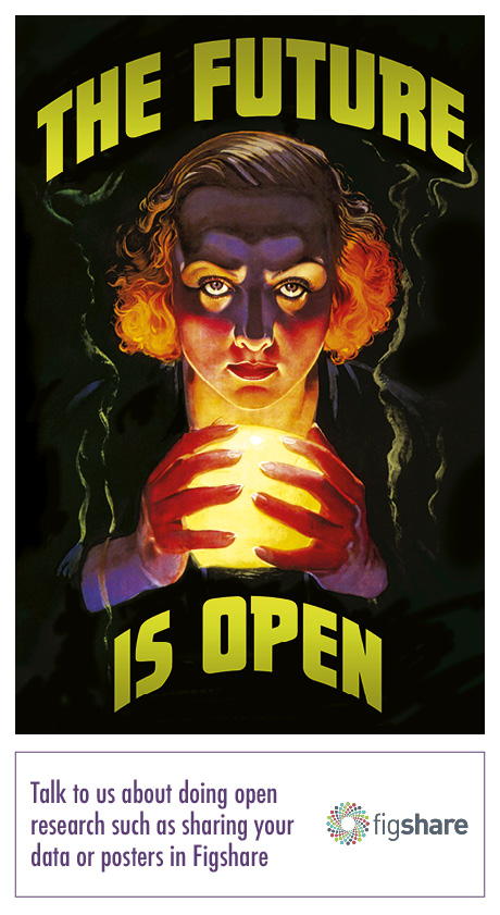 A poster featuring a woman looking towards the viewer and holding a crystal ball. The text reads, "The future is open".