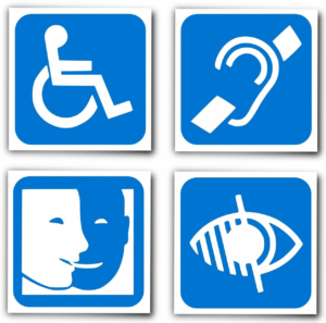 Four blue and white symbols that represent a range of disabilities including physical, audio and eyesight. 