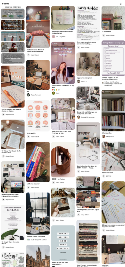 Pinterest board with motivational study images