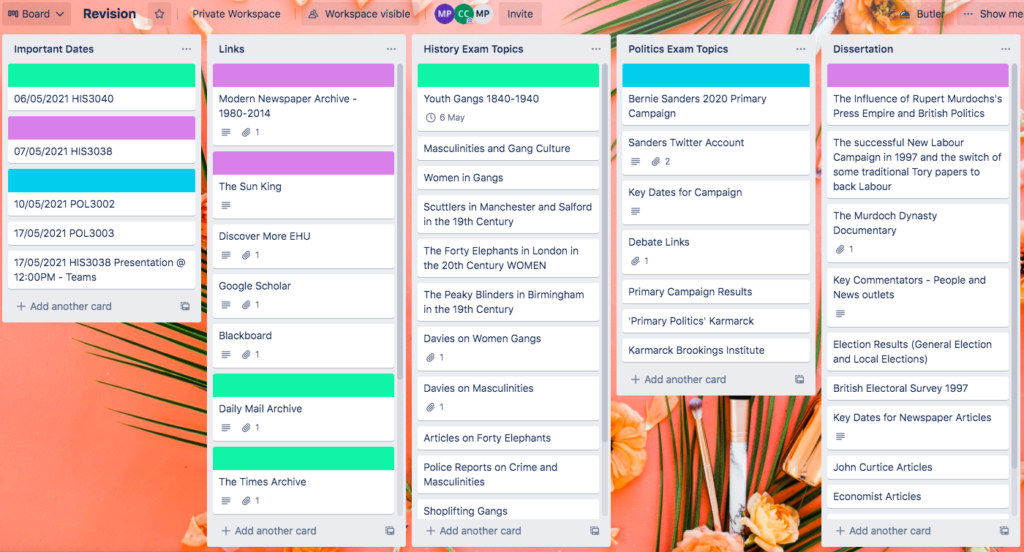 Trello board with various cards such as important dates, links, history exam topics, politics exam topics and dissertation.