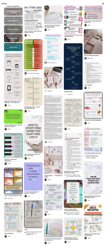 Pinterest board with motivational study images