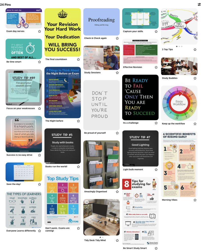 Pinterest board with motivational study images