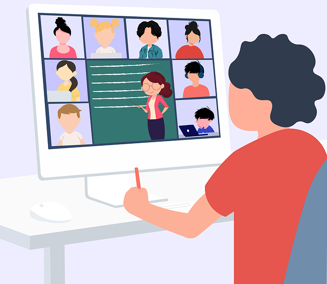 cartoon. A student looks at the computer screen with others in the video call, including a teacher.