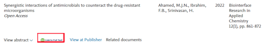 A search result in Scopus. The 360 Link to Full Text option is highlighted.