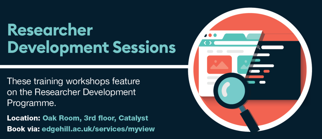 graphic illustrating Researcher Development Sessions. Includes a picture of a web browser and a magnifying glass