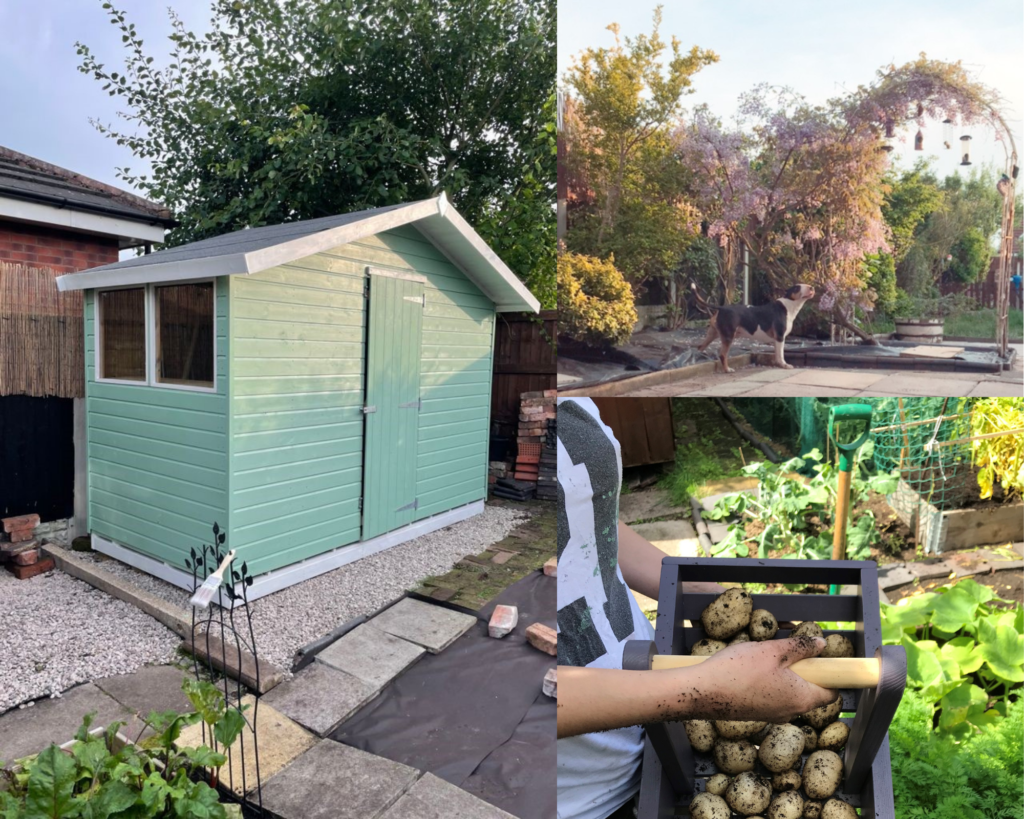Julie Nolan - Student Engagement Manager. Photo of Julie's garden, a lovely green shed and potatoes she has grown.