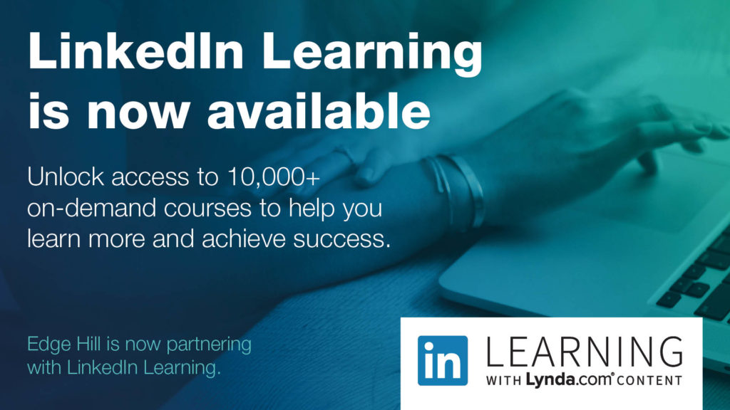 an image of hands typing on a keyboard that says LinkedIn Learning is now available