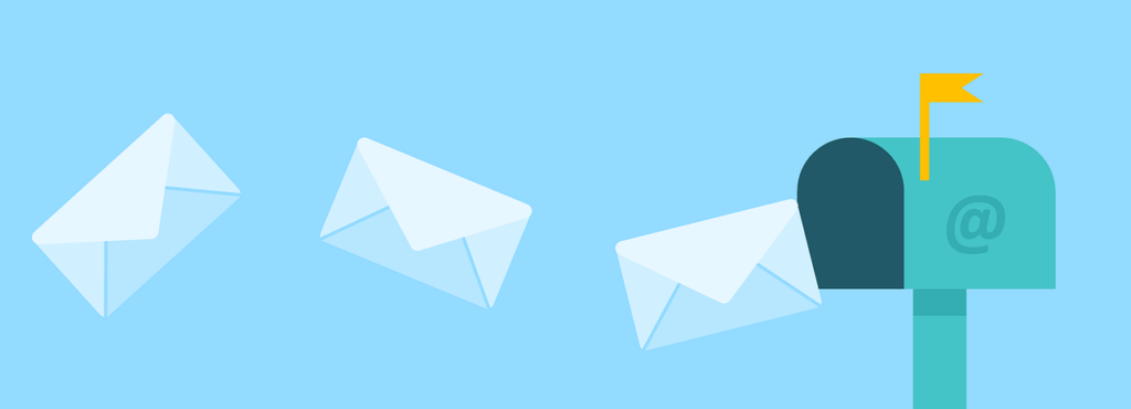 This image is decorative and shows 3 envelopes travelling into a post box that has the @ symbol on it to symbolise emails going into an inbox.