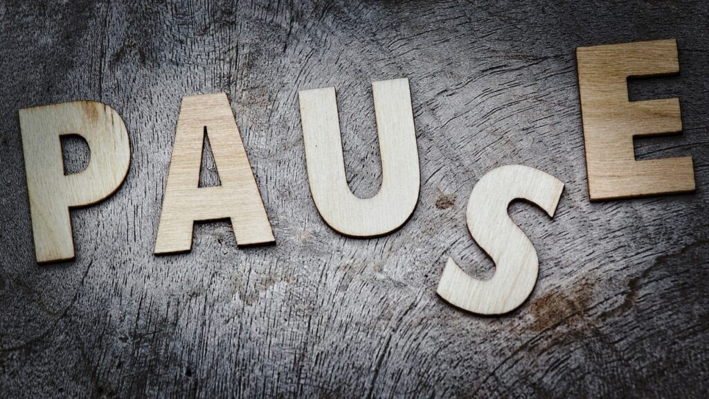 A piece of wood with the word 'pause' spelt out in wooden letters.