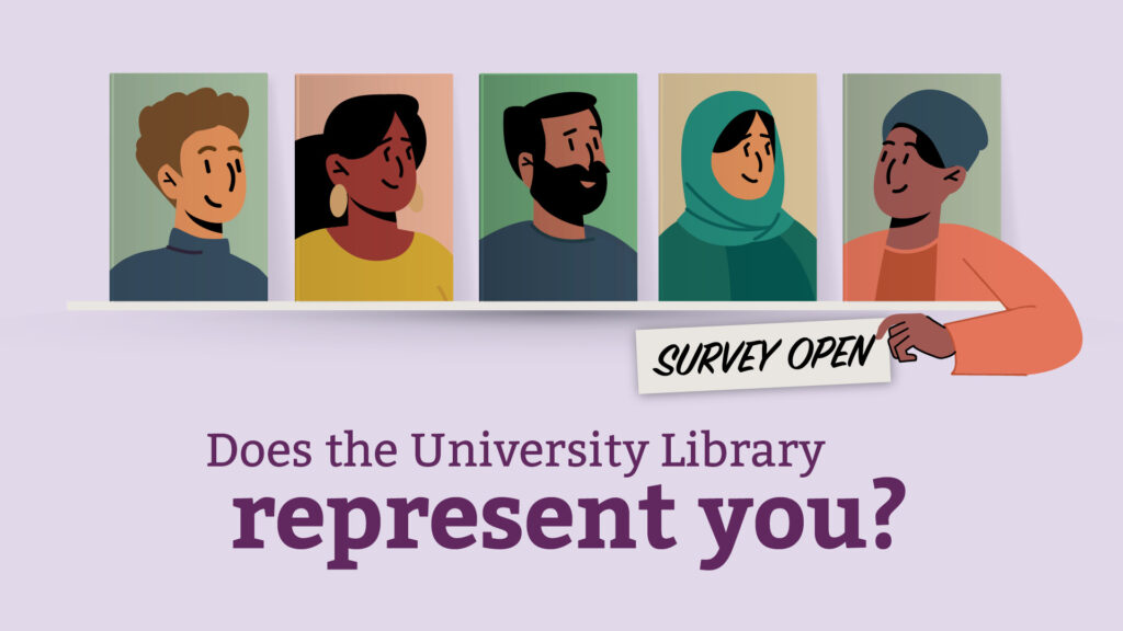 A bookshelf featuring five illustrations of a diverse group of people. Text underneath illustrations reads 'Does the University Library represent you?' and 'Survey Open'.