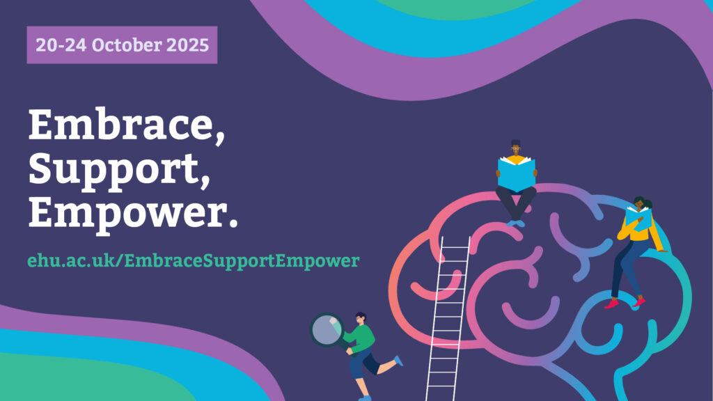 Embrace, Support, Empower. 20-24 October 2025. Image of cartoon students sat on icon of brain.