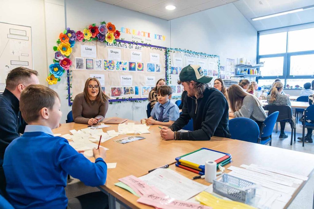Primary children in a classroom working through a lesson with their teachers
