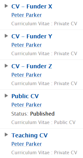 Screenshot of list of five dummy CVs