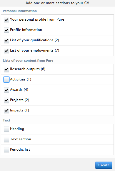 Screenshot of CV sections in Pure